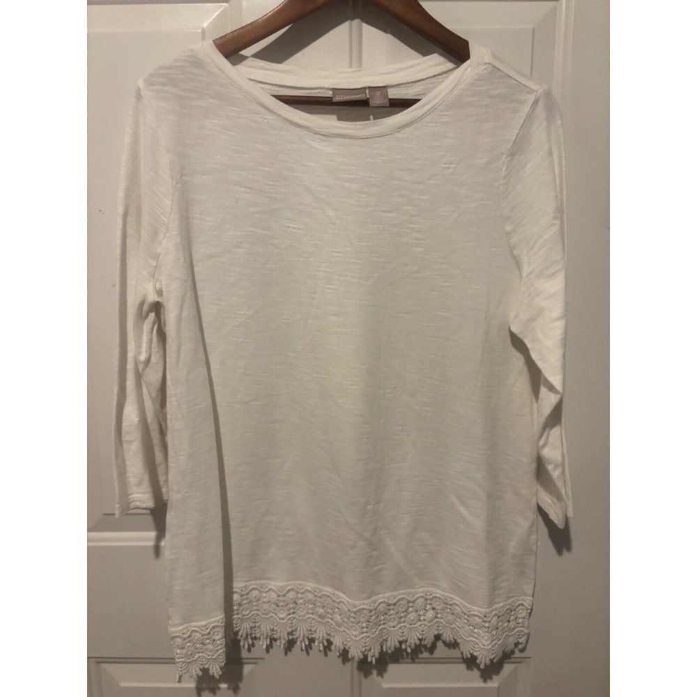 Chicos Blouse Women's Ivory Lace Trim‎ Long Sleeve Size 2 Large Stretch Top